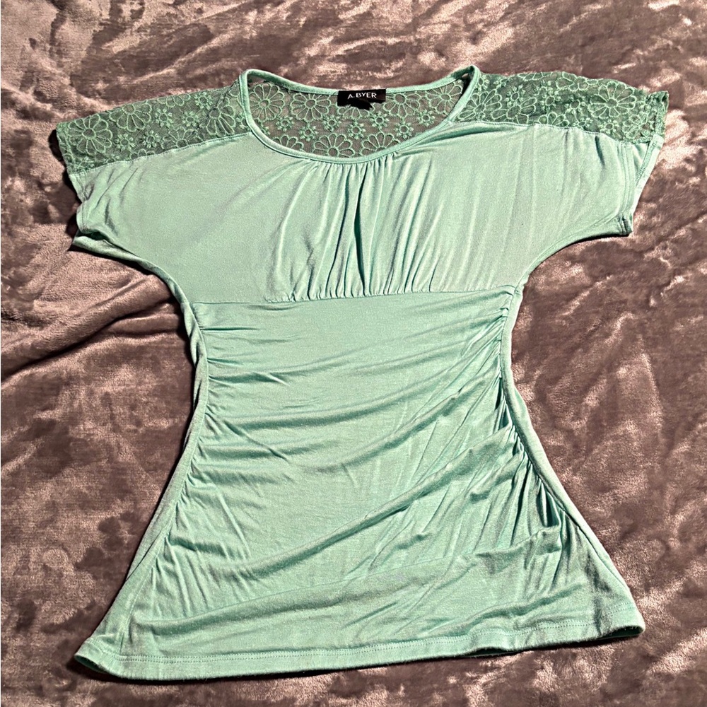 A. Byer Mint Green Lace Accent Blouse